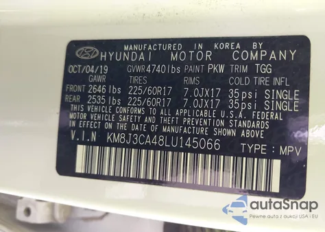 2020 Hyundai Tucson Value z USA, uszkodzony, nr VIN KM8J3CA48LU145066